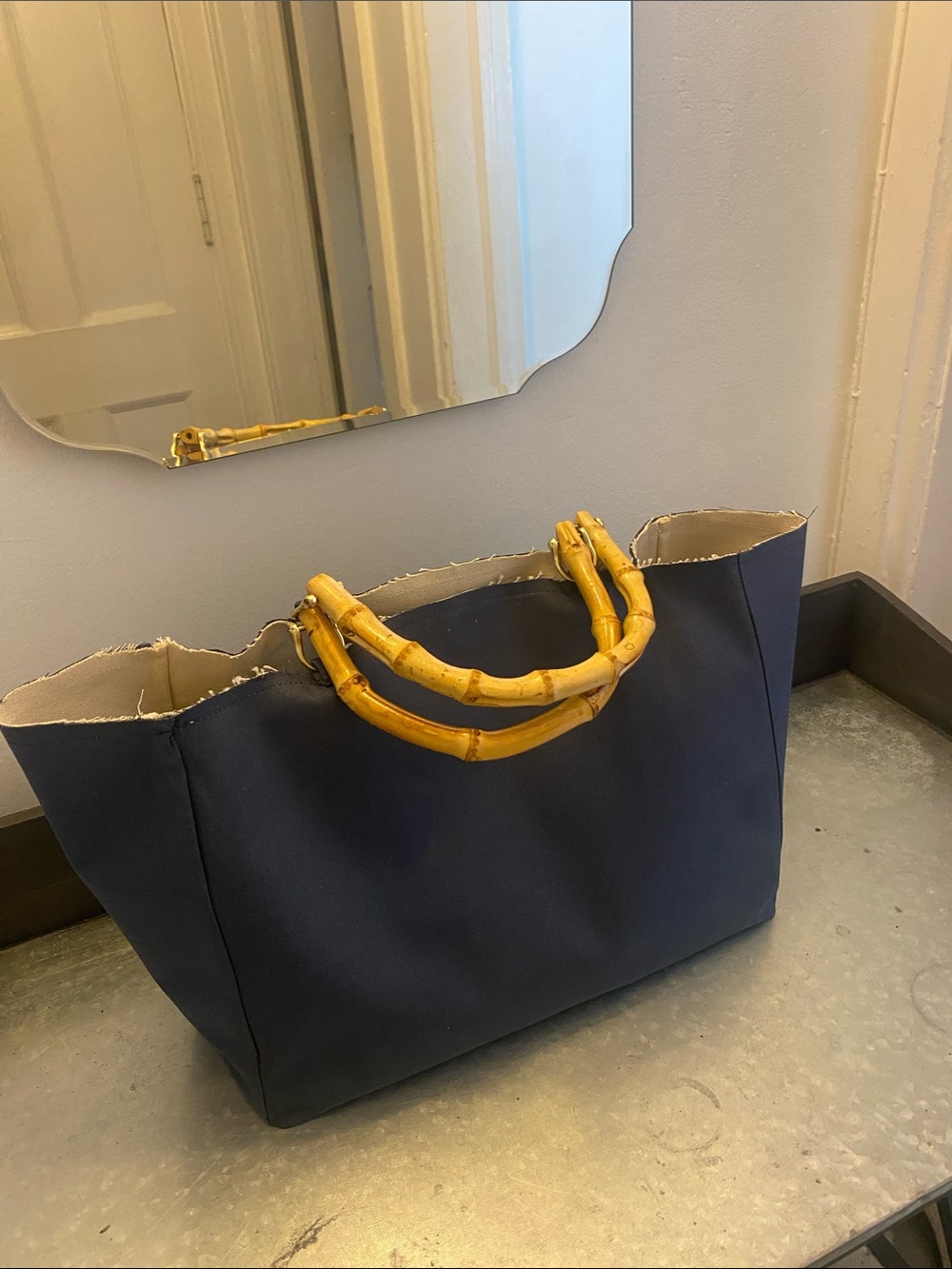 Navy Tote Bag with Bamboo Handles